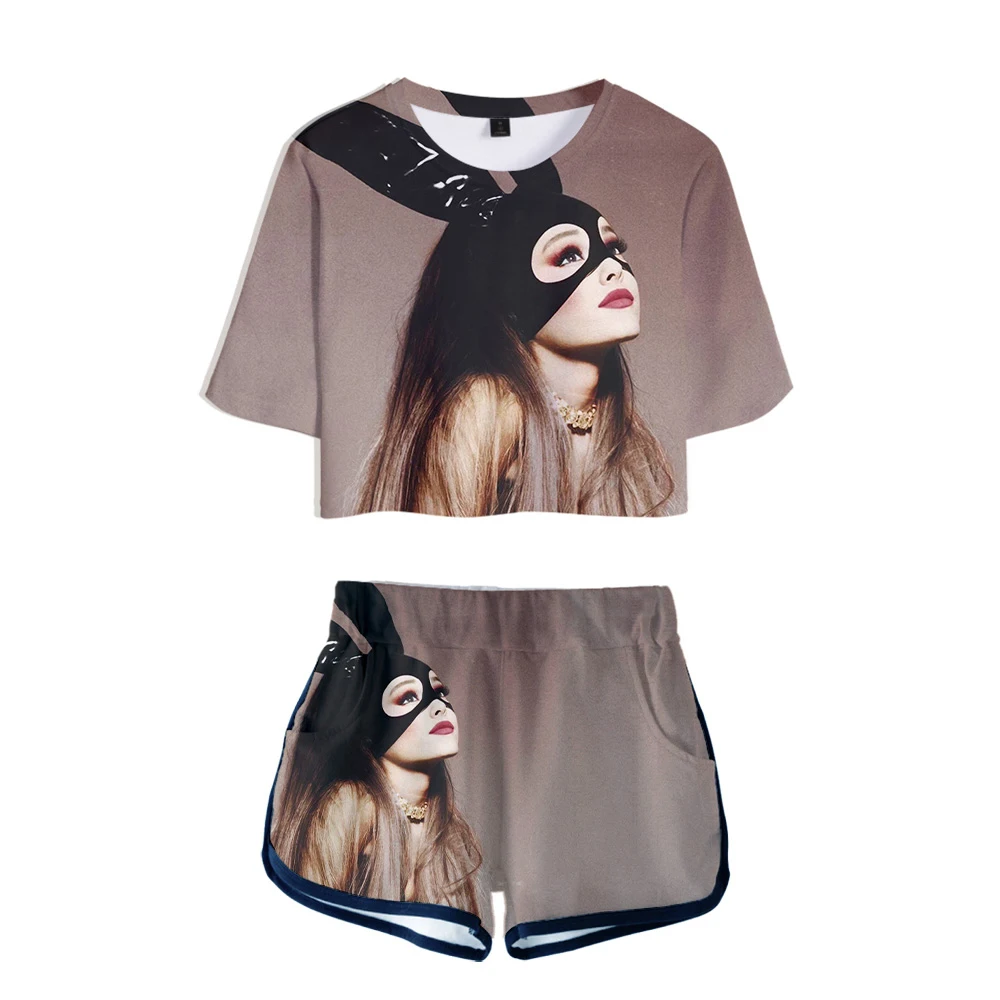 

Funnyl Ariana Grande Dew navel Sport Girls Short Sleeve tracksuit Beautiful Girls Sexy Two Pieces sets 3D T-shirts shorts Pants