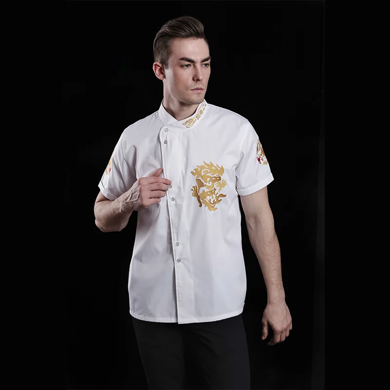 Мужская рабочая одежда для повара с вышивкой дракона на коротких рукавах, в китайском стиле, верхняя одежда куртки для ресторана.