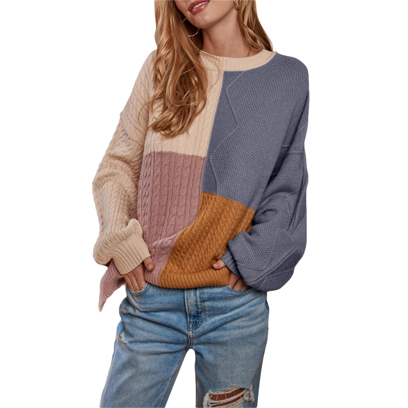

Autumn Winter Women Contrast Color Sweater Casual Loose Long Sleeve O-neck Knitted Pullover