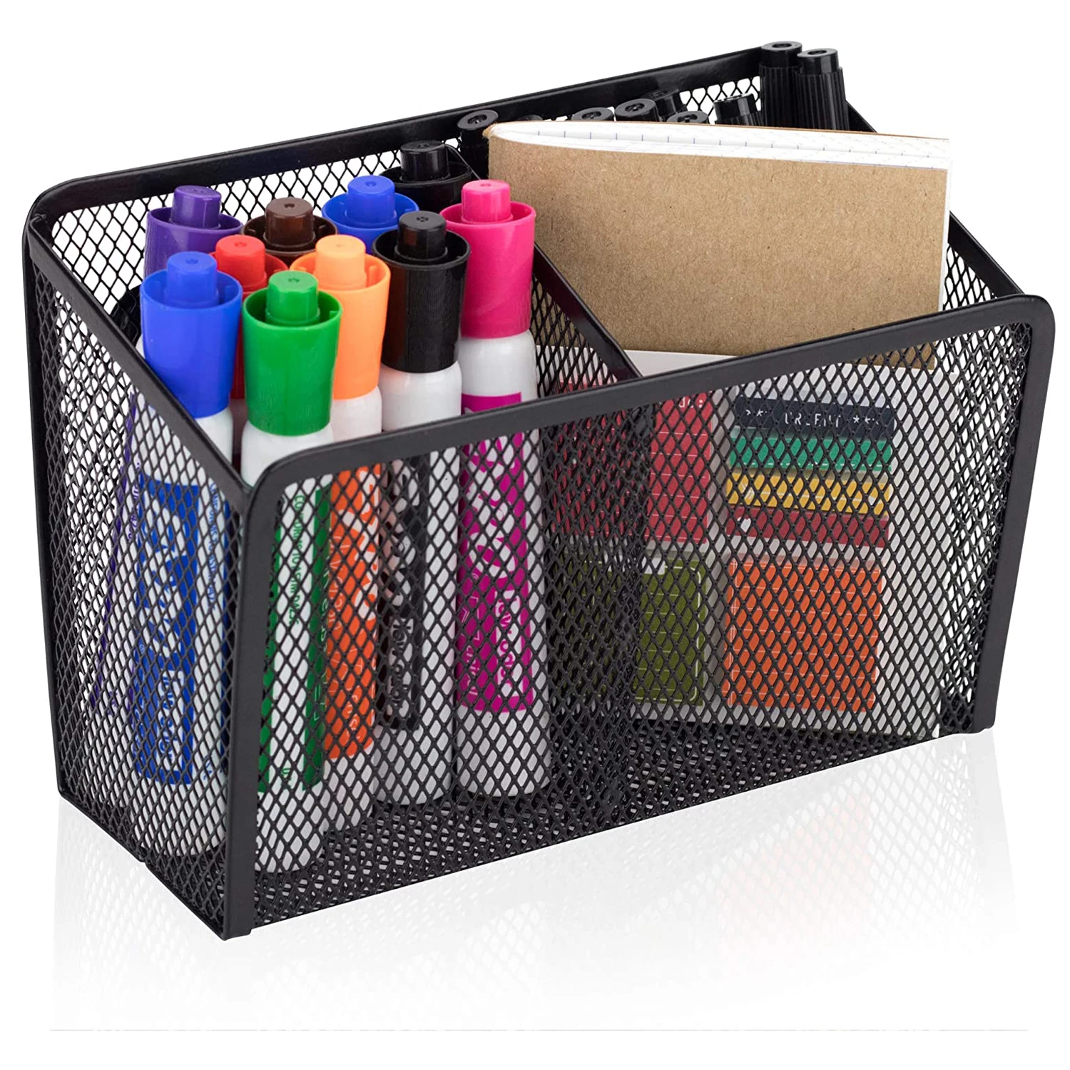 

BalleenShiny Metal Mesh Office Home Desktop Storage Basket Stationery Storage Creative Magnetic Two Grid Square Pen Holder