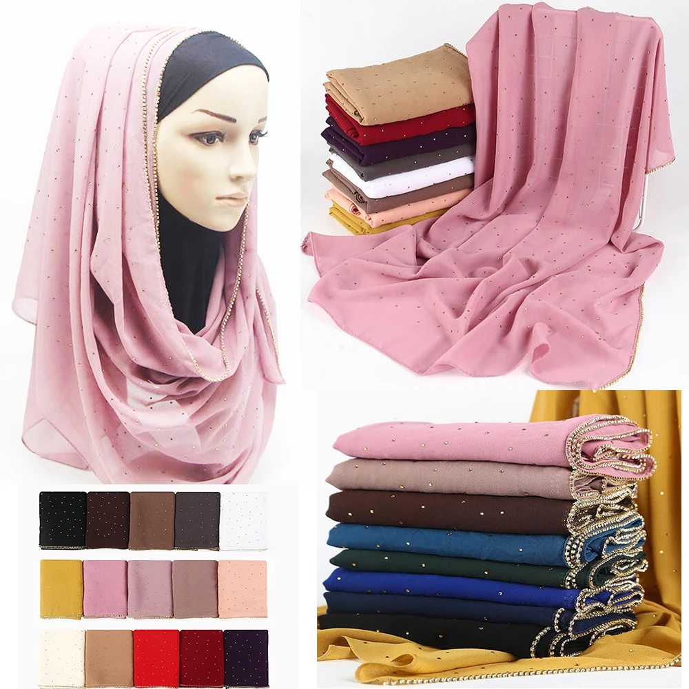 Женский шифоновый шарф с жемчужинами длинный легкий в мусульманском стиле для