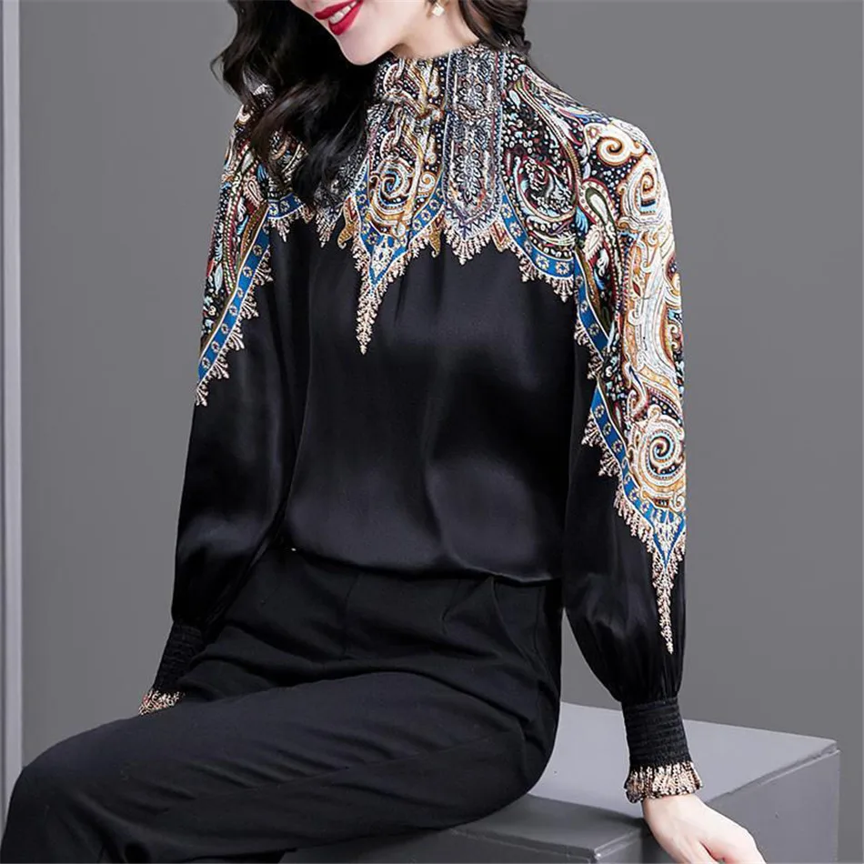 Spring Autumn Women Imitation Silk Elegant Blouse Long Sleeve Shirt Vintage Ladies Loose Casual Tops Blusas De Mujer MM1396