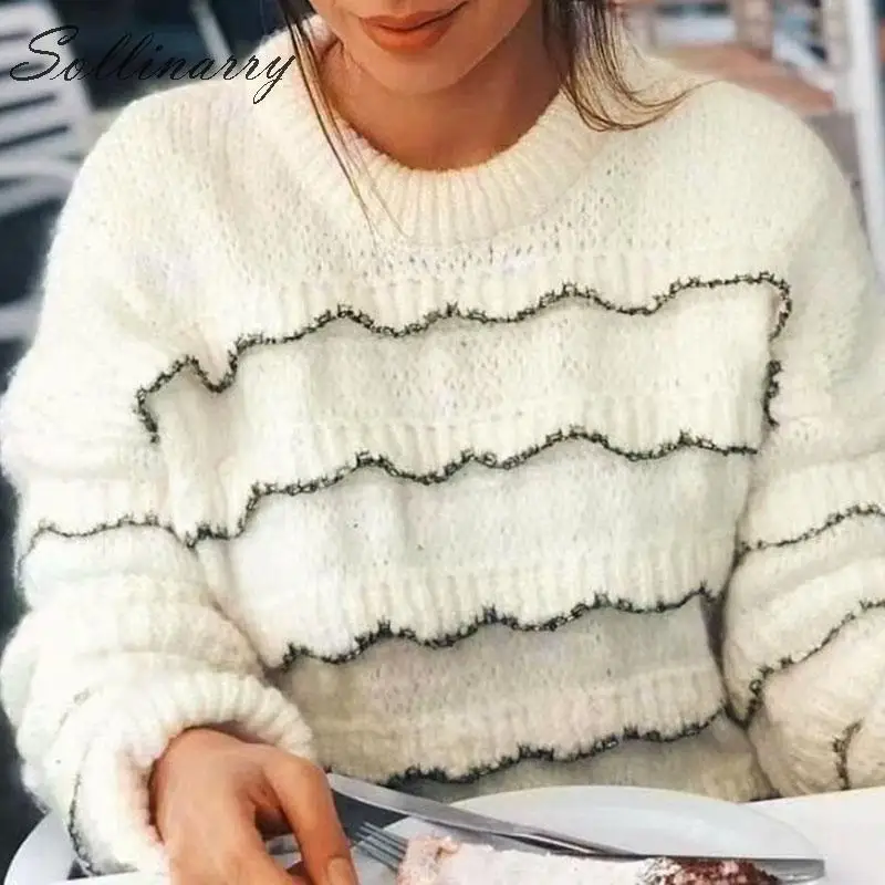 Sollinarry Oversize Women Casual Sweater Pullovers Fashion Long Sleeve White Layered Sweaters Jumper Winter Female knitted Fall | Женская