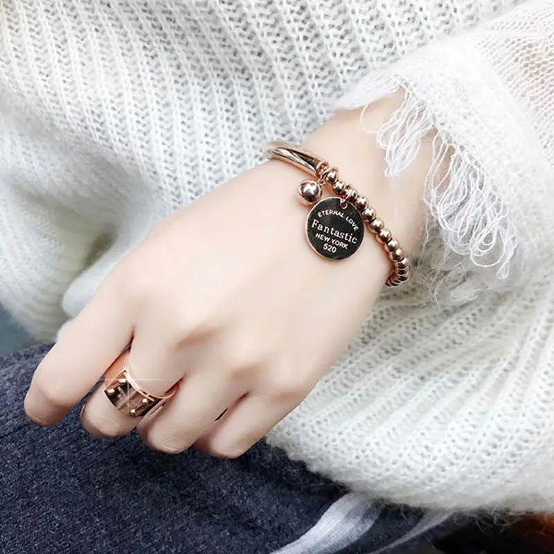 

Женский браслет с бусинами из нержавеющей стали, эластичный браслет с круглыми бусинами и золотыми буквами, Ювелирное Украшение для девуше...