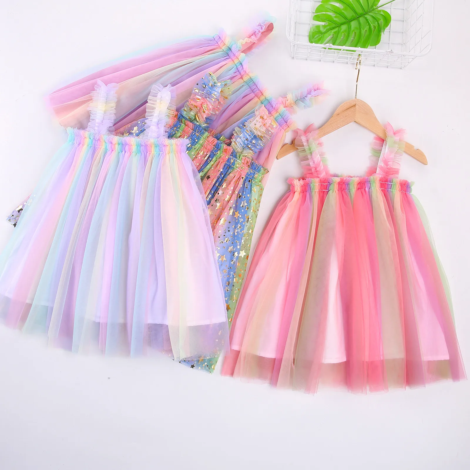 

1Y-6Y Children's Baby Kids Girls Sling Strap Sleeveless Tulle Mesh Stitching Rainbow Dress Suspender Princess Dresses Clothes 5*