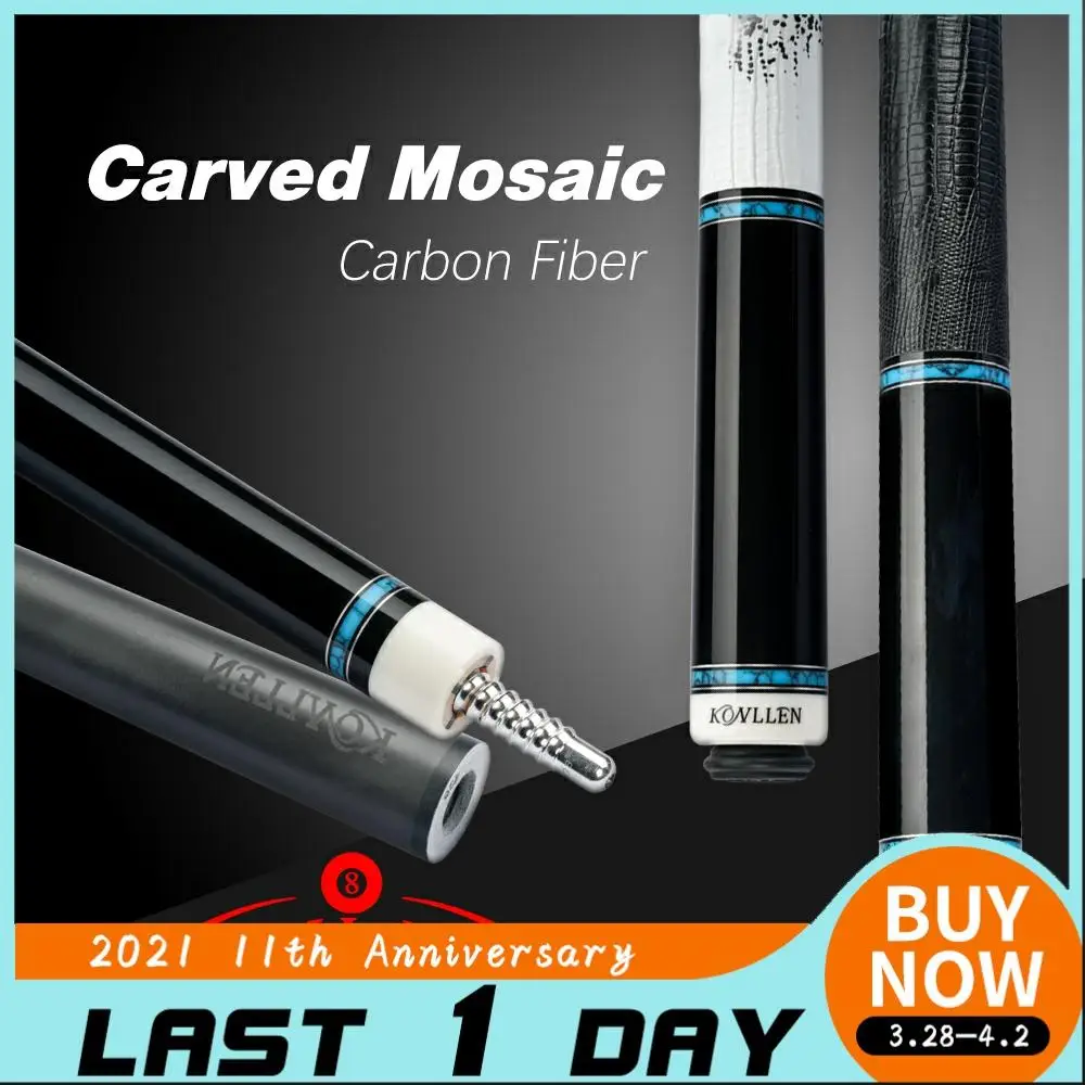 

KONLLEN Carbon Cue Carbon Fiber Pool Cue Shaft 12.4mm Stick 3/8*8 Radial Pin Lizard Leather Grip Blue Turquoise Mosaic Ebony Cue