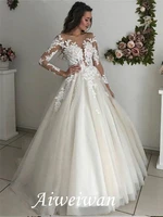 a line floor length sweepbrush long sleeves appliques button tulle wedding dress 2021