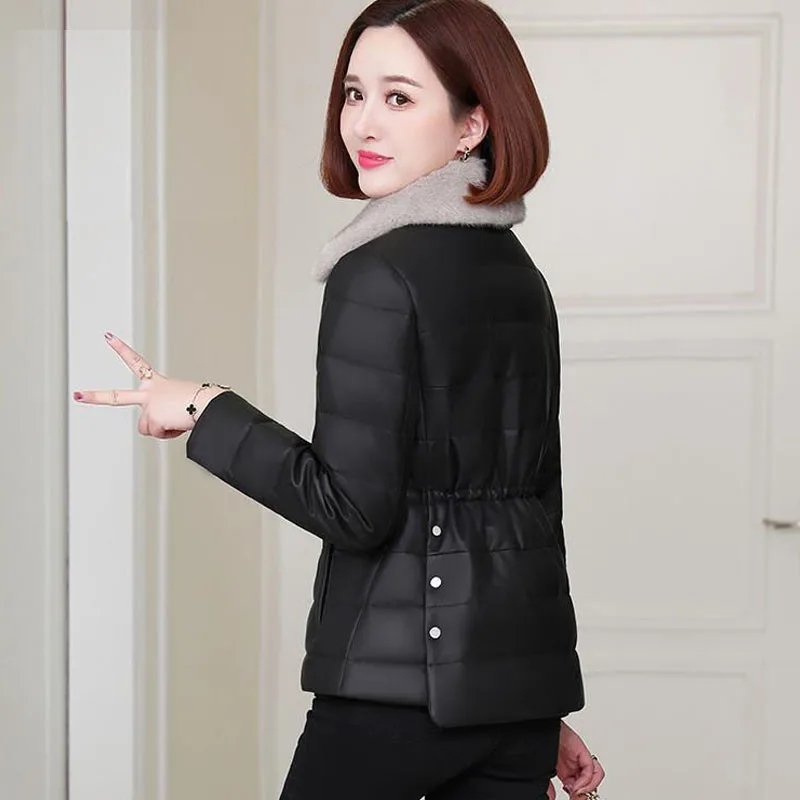 

Parka Plus Size Down Women's Short Jackets 2021 Winter PU Leather Faux Fur Splicing Skinny Thickening Warm Parkas Coats Woman