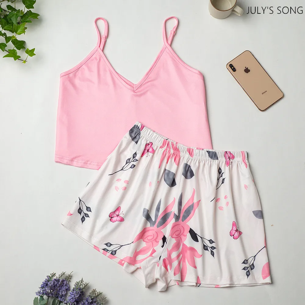 

JULY'S SONG Pajamas Women Floral Printing Summer Pajamas Sleepwear Casual Soft Faux Silk Satin Nightwear Sling Female Homewear