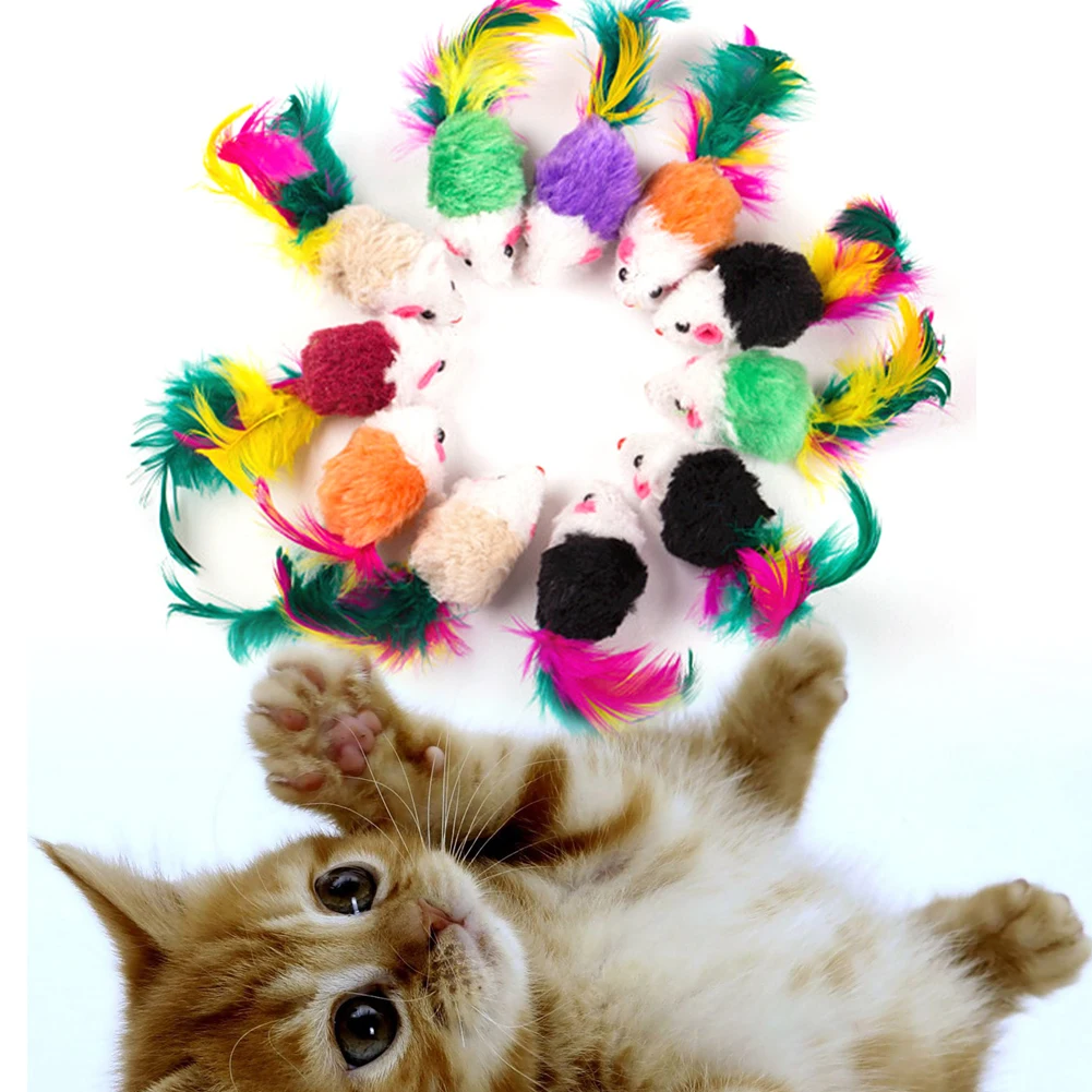 

10pcs Soft Fleece Mouse Interactive Ball Cat Toy Catnip Mouse Colorful Feather Funny Playing Toys For Cats Kitten