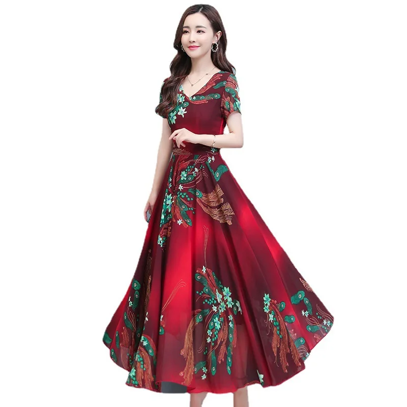 

2021 Spring and Summer Folk Style Retro Knee-length V-neck Big Swing Long Dress Chiffon Print Waist Slim Short-sleeved Dress