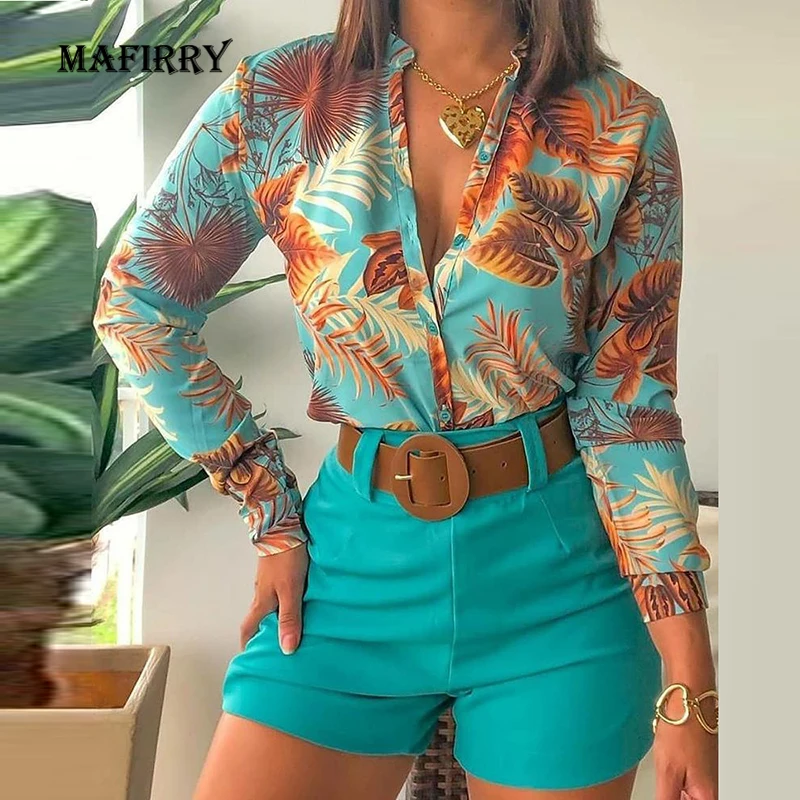 

Summer Women V-Neck Shorts Suit Printing Single Breasted Streetwear Long Sleeve Two Piece Set Casual Zipper Design Slim Fit Suit
