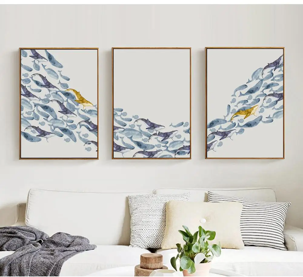 Рыба seaching светло-голубой цвет золота Абстрактная живопись на холсте для кафе