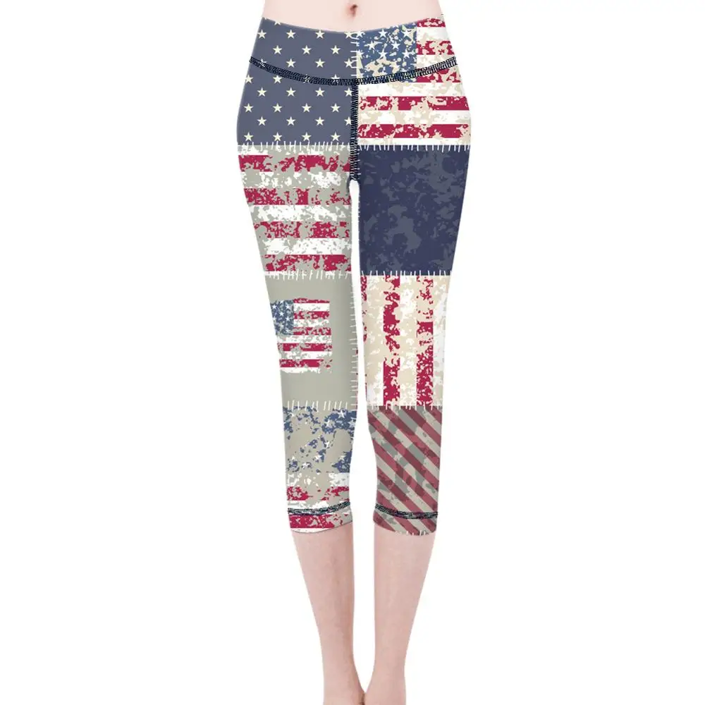 Штаны для йоги с принтом флага США женские спортивные Леггинсы эффектом пуш-ап