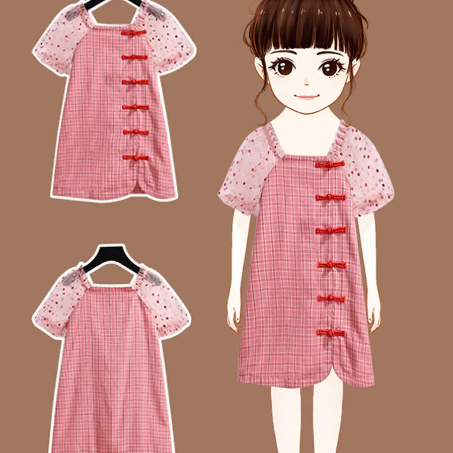 

2021 Children's Clothing Girls Summer Dresse Lattice Heongsam Puff Sleeves Hanfu Dress Splice Mesh Chinese Buttons