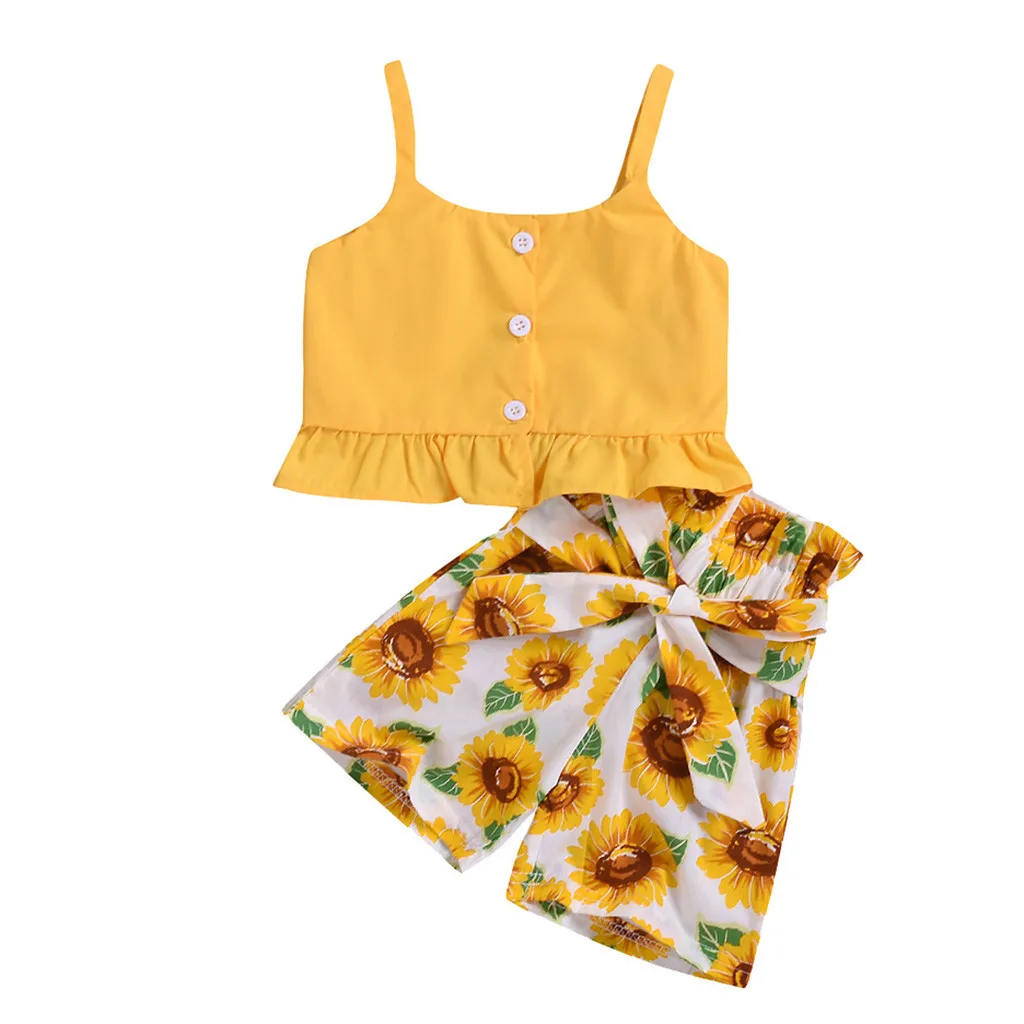 Детская одежда TELOTUNY топ без рукавов и с оборками на пуговицах + шорты принтом