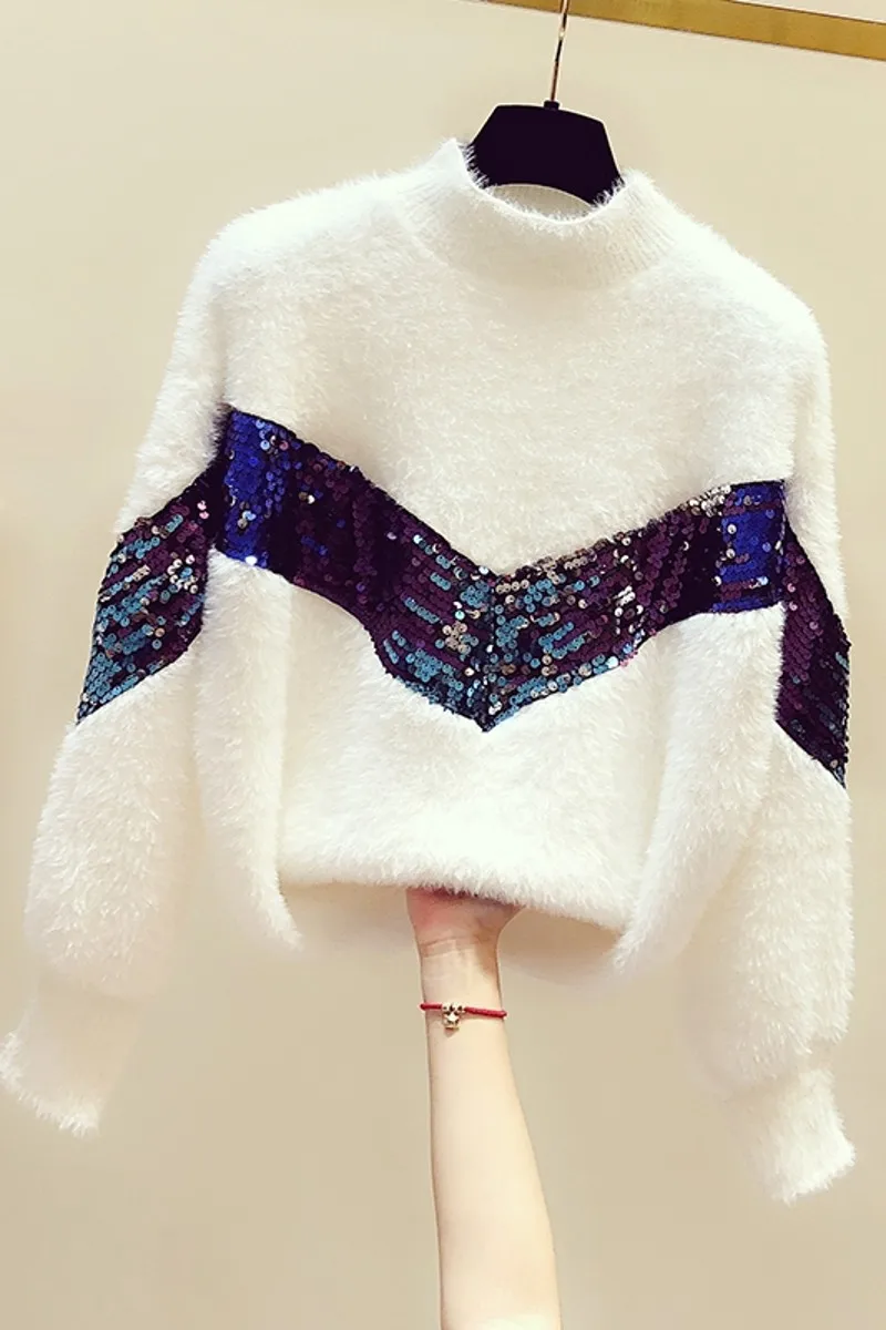 

Super Fairy Mink Wool Sweater Women 2020 New Autumn Winter All-match Color Block Sequins Loose Pullovers Top Knitted