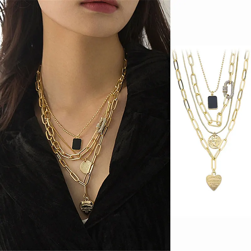 

XIAOBOACC 4Pcs Set Gothic Necklace for Women Punk Grunge Retro Heart Pendant Multi-Layer Choker Chains Jewelry 2021
