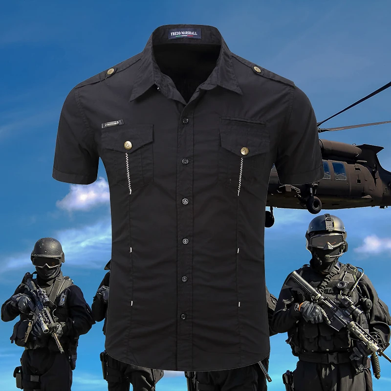 

High quality Male Cargo Shirt Men Casual Shirt Solid Short Sleeve Shirts Work Shirt with Wash Standard US Size S-3XL