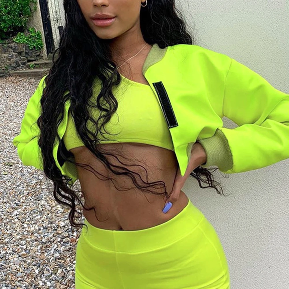 

Women 2019 Fashion Neon Green Jackets Causal Long Sleeve O Neck Short Coats Autumn Slim Crop Tops Outwear Streetwear