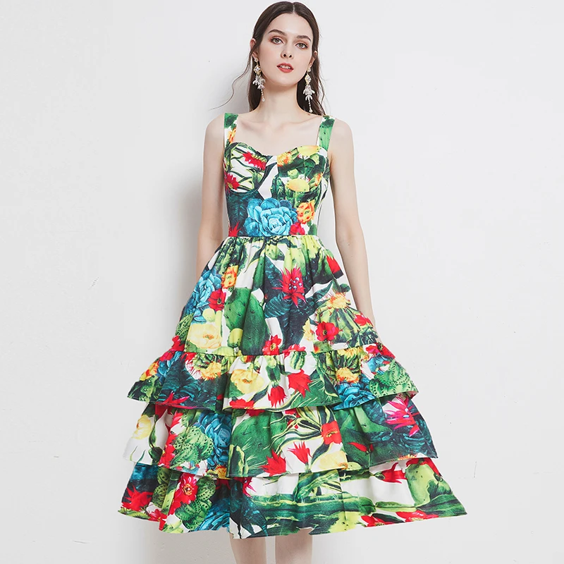 

2021 Summer Fashion Runway Tiered Layer Ruffles Beach Boho Dress Women Spaghetti Strap Floral Print Midi Holiday Elegant Dresses