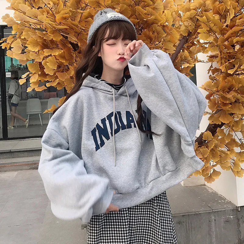 

Harajuku Hoodies Pullover Sweater Women Autumn 2021 Thickened Plus Fleece Hoodie Fake Two-Piece Design All-Match Ladies Top