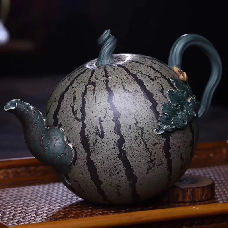 

Dark-red Enameled Pottery Teapot Full Manual Raw Ore Green Mud Watermelon Kettle Bionics Organ Yixing Teapot Gift