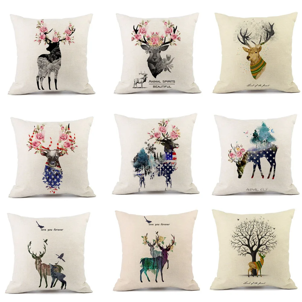 

Deer Head Flower Cute Animal Pillow Set Cotton and Linen Hug Pillow Pad Printing Decoration