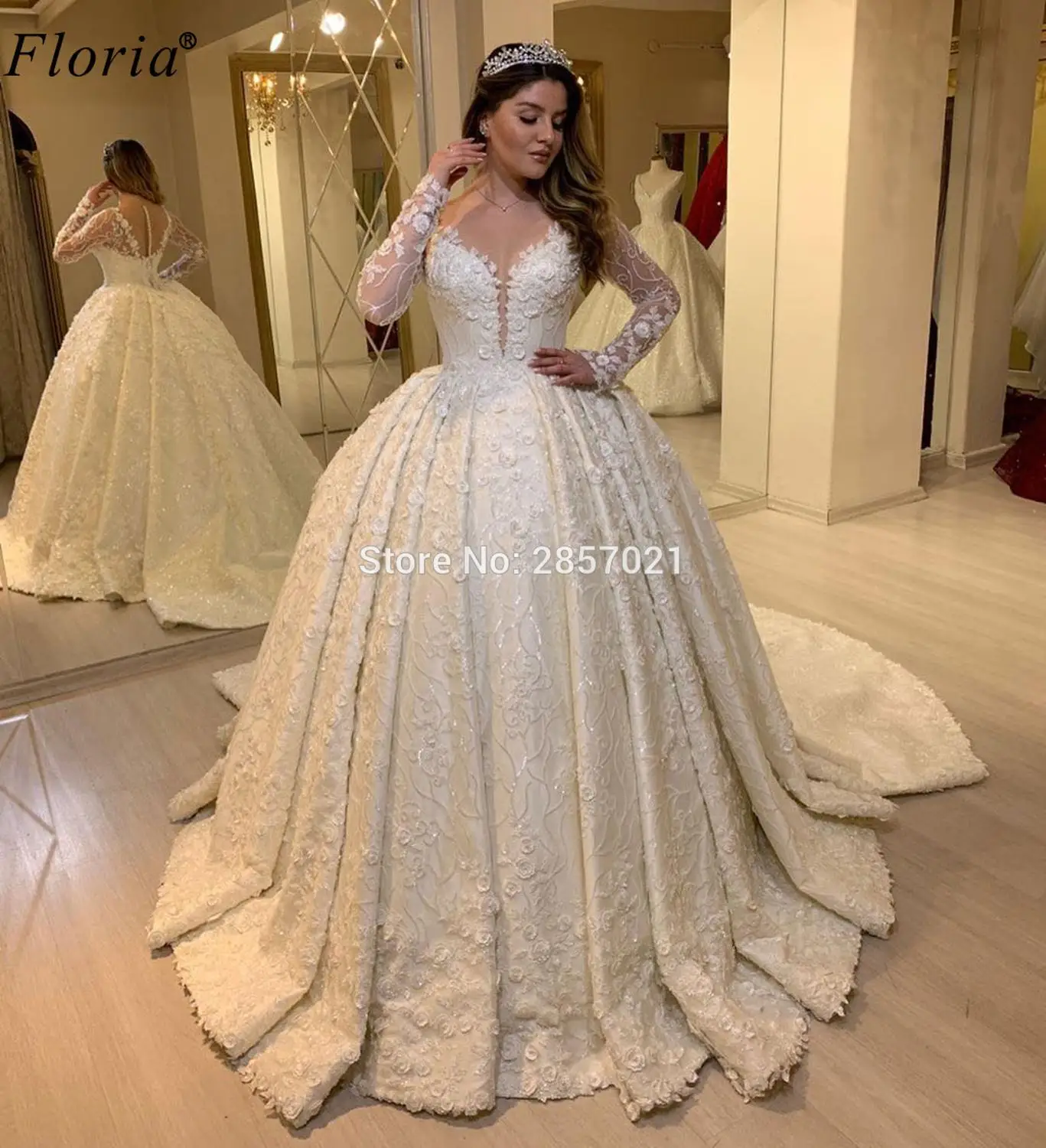 

Elegant Princess White Wedding Dresses 2020 Floral Long Sleeves Wedding Gowns Chapel Sequins Bride Dresses Vestidos De Novia