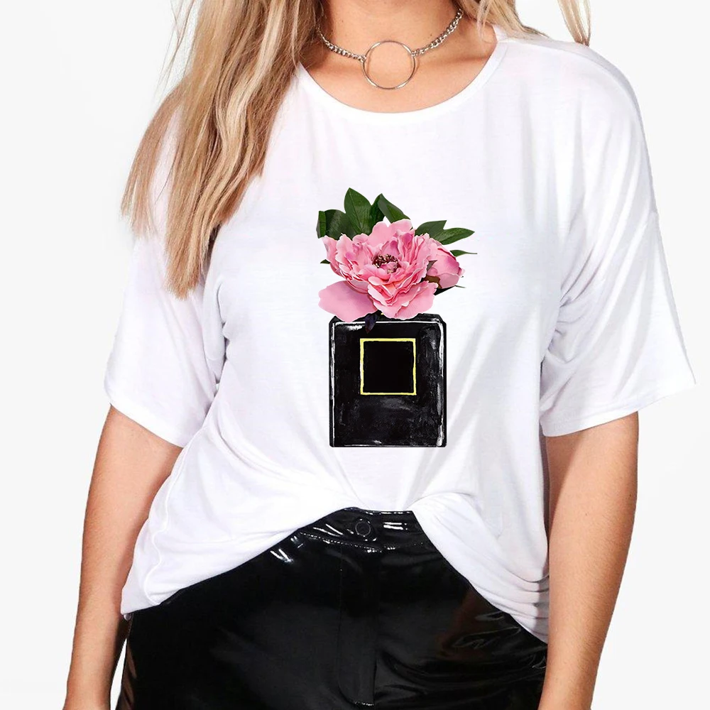 

2021 T-shirt Women Flower Perfume Bottle Sweet Short Sleeve Creative Streetwear Tshirt Summer Korean Fashion Clothes Female