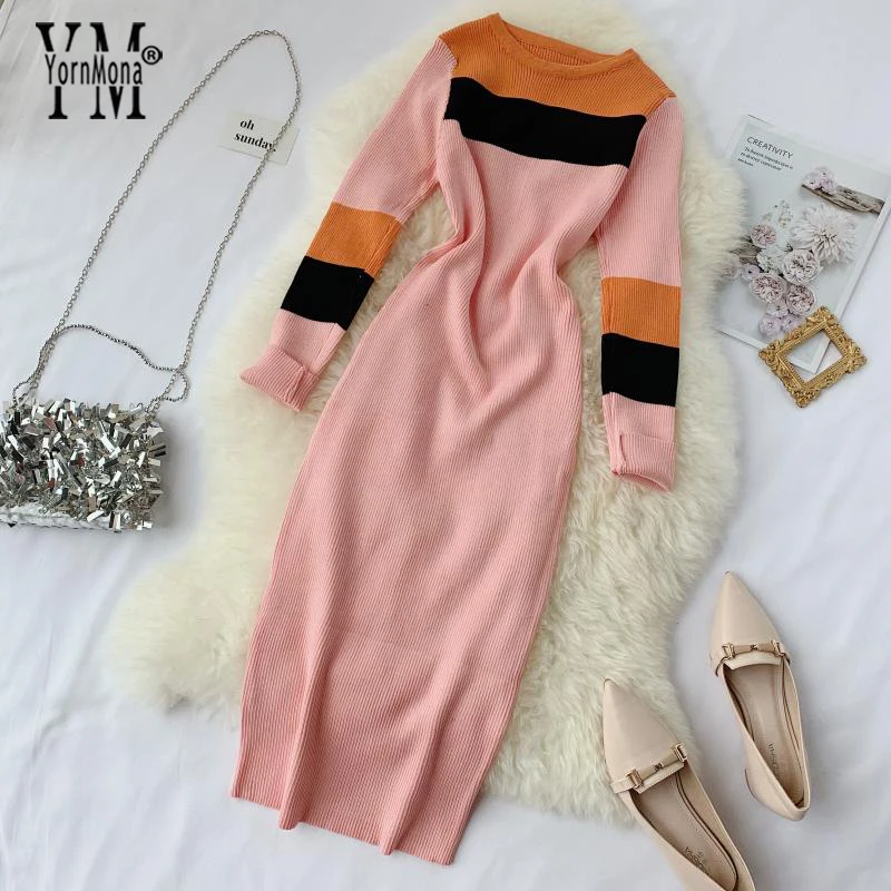 Jornmona 2019 модное эластичное женское платье в полоску с длинным рукавом осеннее