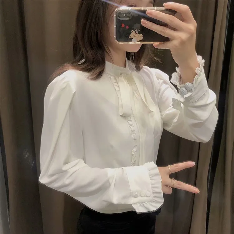 

ZA home bowknot falbala collar white chiffon render long-sleeved shirt 07969234251 7969/234