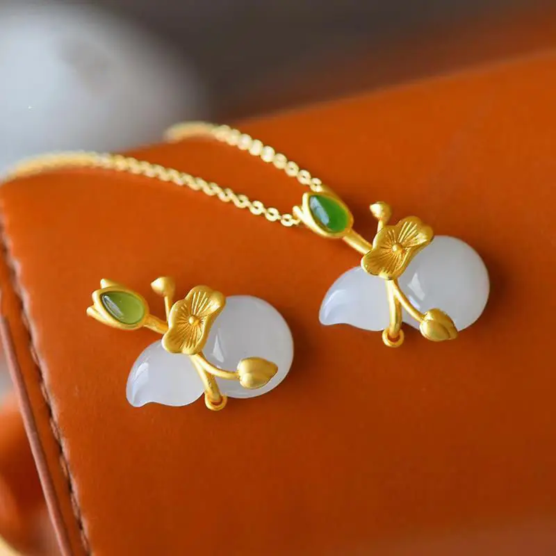 

New gold inlaid jade Vietnam gold placer chalcedony gourd women's sweater chain pendant does not fade Korean fashion necklace
