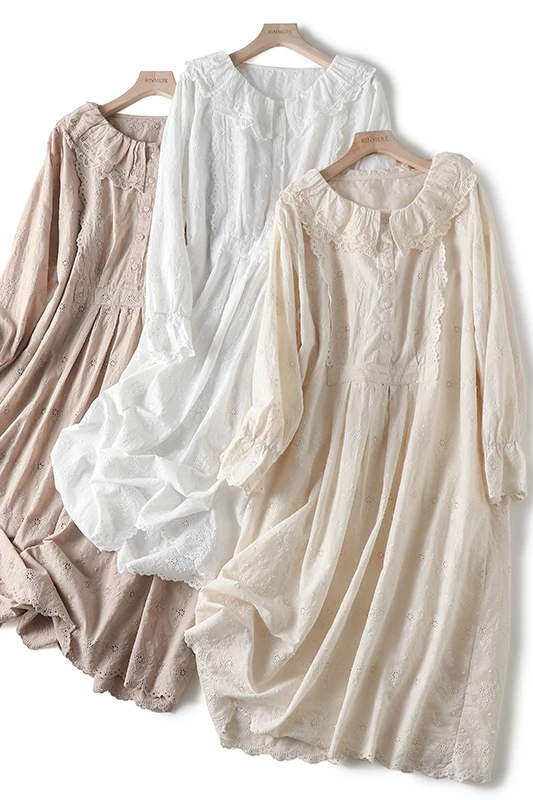 

Autumn New Style Japanese Forest Female Cotton Dress Embroidered Long-Sleeve Ruffle Collar Half-Buttoned Lace Hem Dress