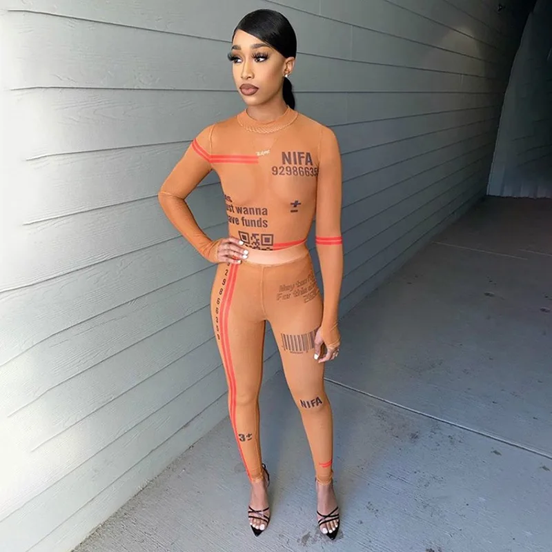 

Осенние модные футболки с буквенным принтом и принтом узкие эластичное боди и брюки комплект из двух вещей на каждый день; Пикантные прозра...