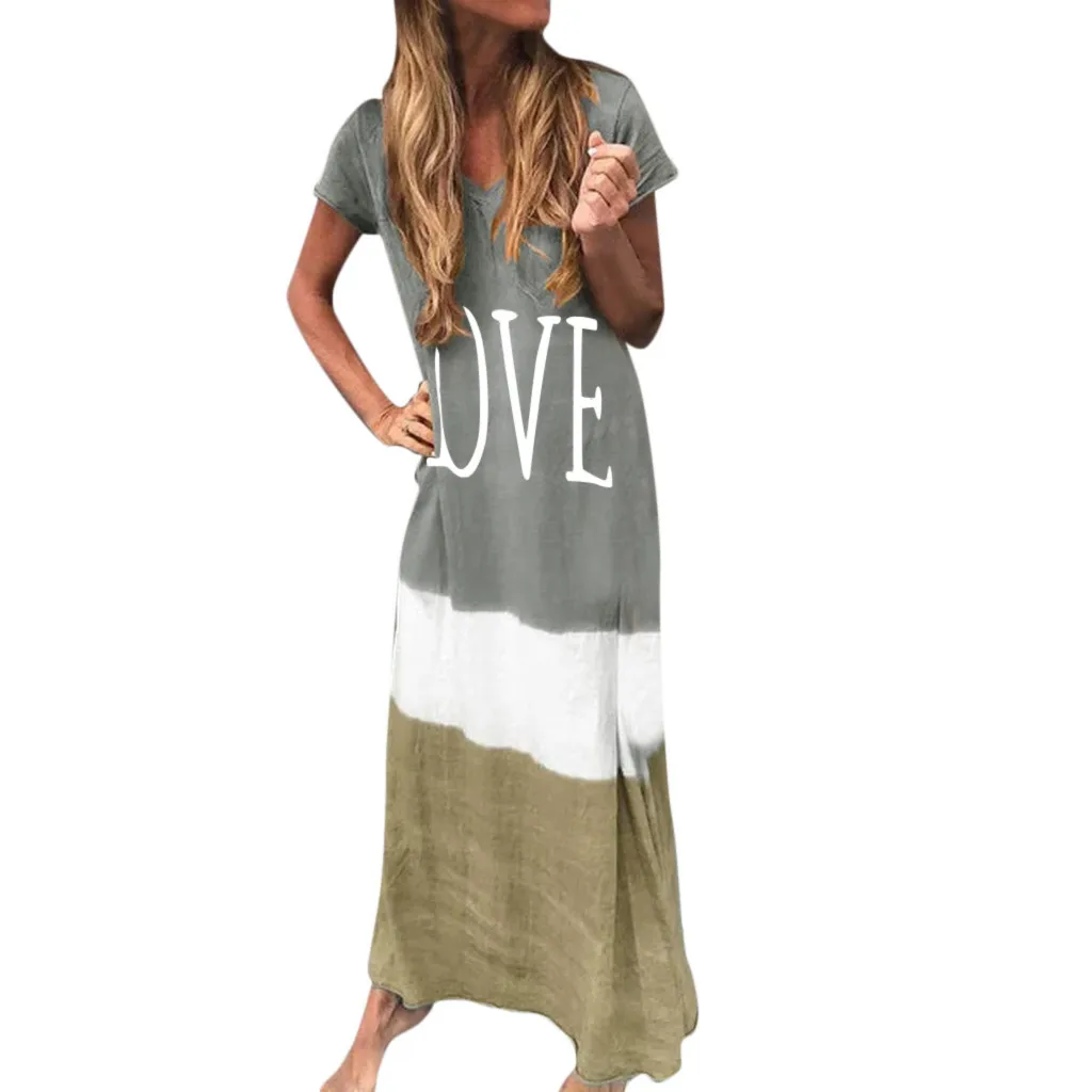 

Women Plus Size Daily Tie-dyed Color Block Loose V Neck Short Sleeve Maxi Dress Short Sleeve Maxi Dress Beach Dress