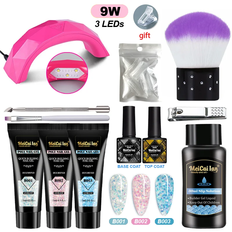 

MEICAILAN 9W LED Lamp Poly Nail Gel Set Full Manicure Set Quick Extension Nail Kit Gel Builder For Manicure Gel Nail Tool Kit