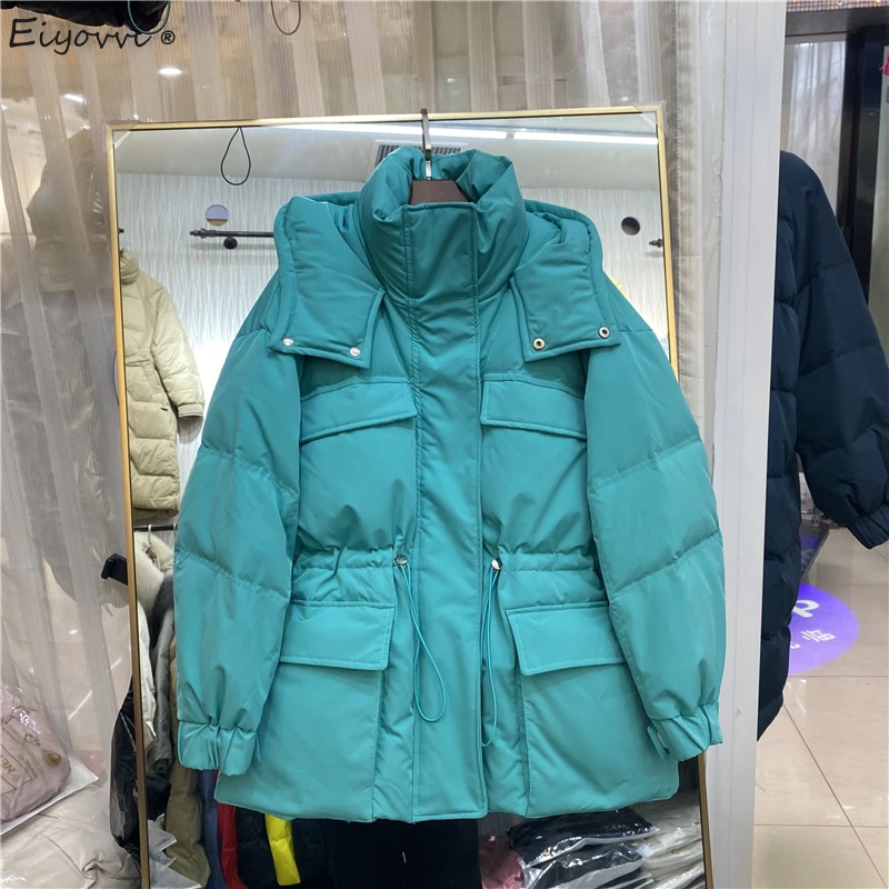 Women's Down Jacket Winter 2021 Korean Loose White Duck Work Coat Female Jackets Warm Hooded Long Sleeve Casual Thick Parka