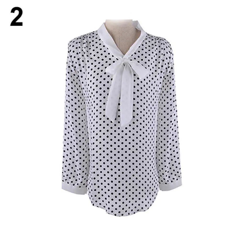 

Women's Summer Polka Dot Bowknot Chiffon Shirt Loose Long Sleeve Blouse Top