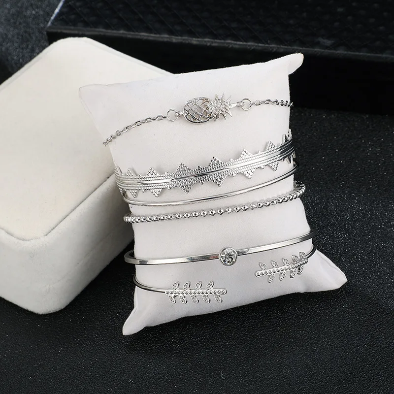 DIEZI 6pcs/set Pineapple Leaves Bracelets &amp Bangles Silver Color Bracelet Sets For Women 2019 New Bohemian Rhinestone Jewelry | Украшения