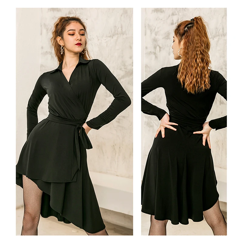 

Purple Black Soft Latin Dance Clothes Women Samba Salsa Cha Cha Latin Practice Wear Adult Long Sleeves Dance Dress Dance Skirt
