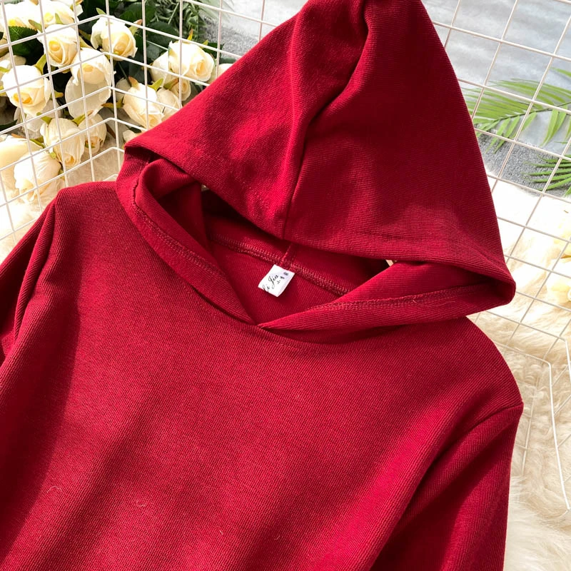 

Long Sleeve Black Red Women Hooded Dress Solid Casual Spring Korean Fashion A-line Midi Female Daily Dress Pullover Vestidos