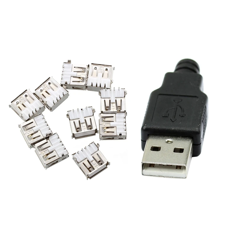

20Pcs Connector: 10Pcs USB Type-A Socket 90-Degree Female Connector & 10Pcs Type A Male USB 4 Pin Plug Socket Connector