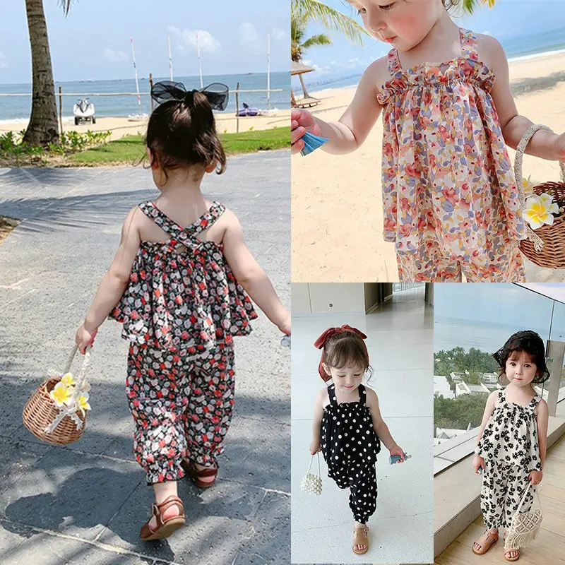 baby girl summer printed clothing set strap tops shirts+pants toddlers kids fashion casual flowers suits child clothes 2-8age | Мать и