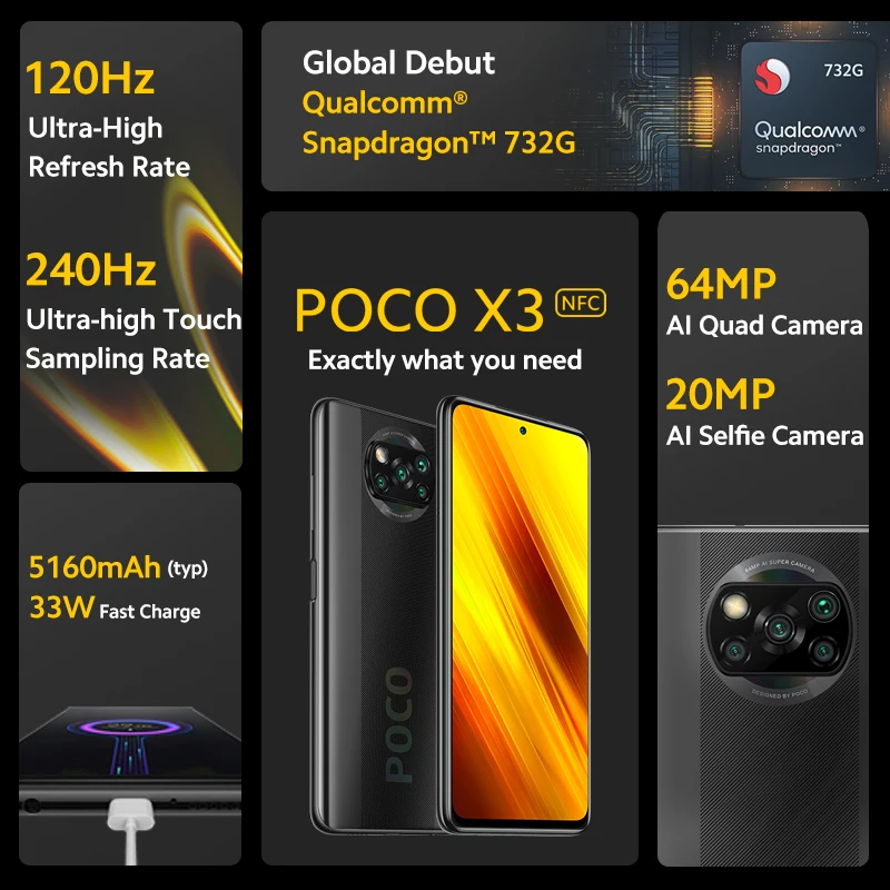 Глобальная версия Xiaomi Poco X3 NFC Смартфон 6 ГБ ОЗУ 128 ROM Snapdragon 732 Octa Core 64 мегапиксельная