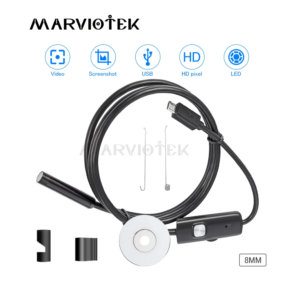 Micro USB Android телефон Бороскоп, эндоскоп, камера 8 мм диаметр 1/1. 5/2/3,5/5 м IP67 водонепроницаемая Мини камера 6 светодиодный USB эндоскоп