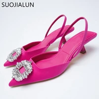 suojialun 2021 new brand women sandals fashion crystal buckle slingback sandals thin low heel ladies elegant pumps shoes