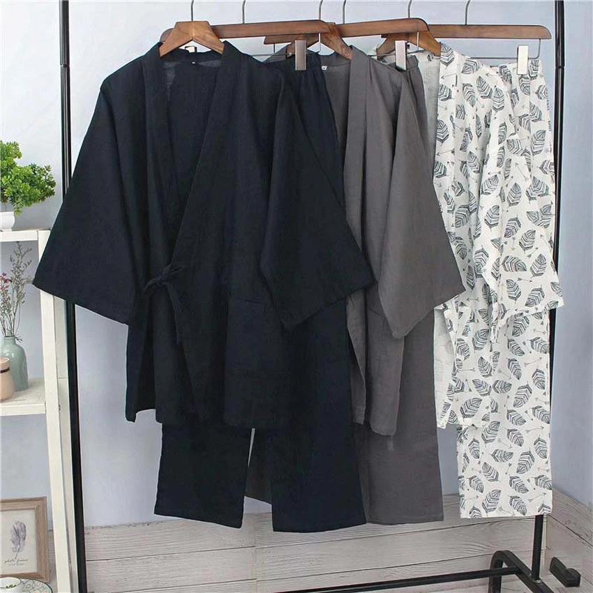 Хлопковое японское кимоно одежда для сна самураев мужские топы Haori + брюки