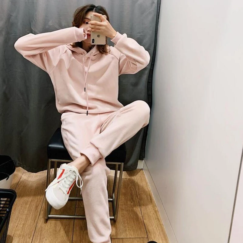 Jvzkass new thick velvet sports suit two-piece female hooded embroidery sweatshirt+ casual pants to keep warm Z332