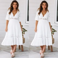 women the new white lace long sexy dress women summer v neck hollow out party bohemian dress lace stitching skirt